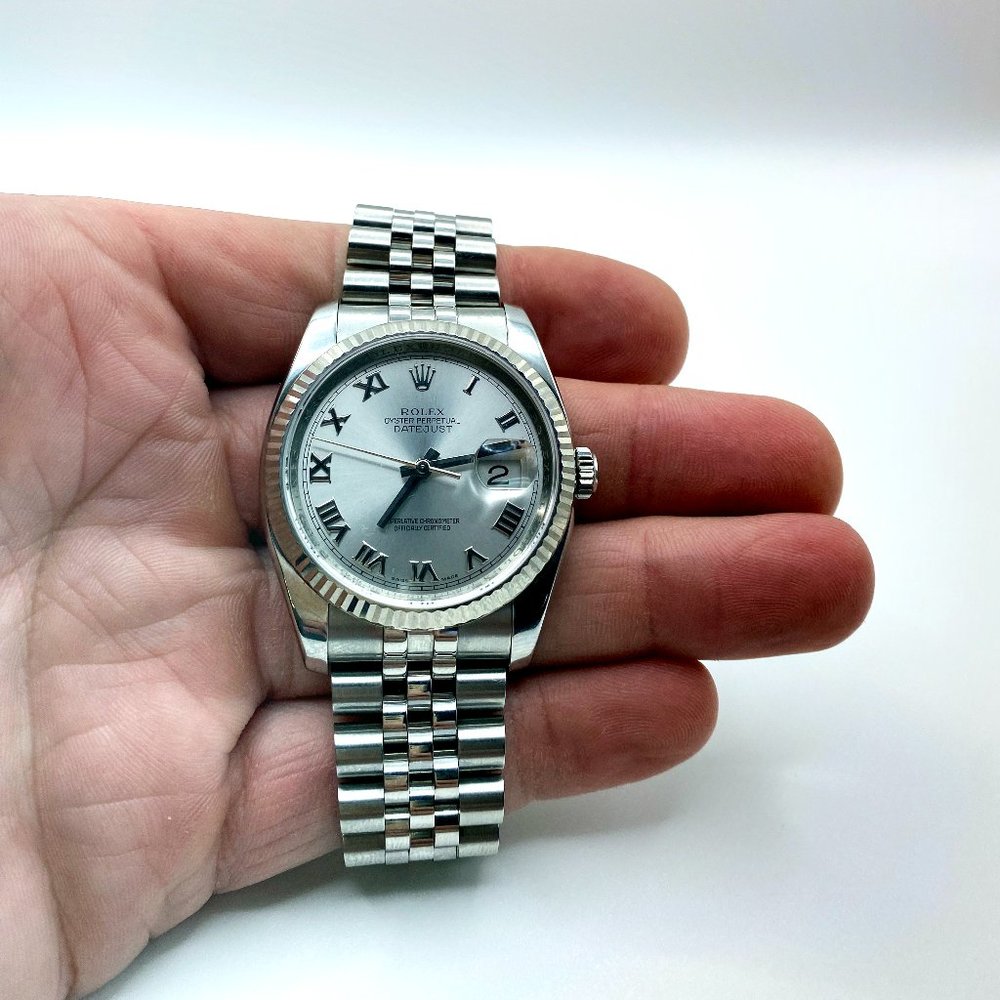 Rolex Datejust 116234 36mm 18K Fluted Bezel Steel Jubilee Silver Roman Dial